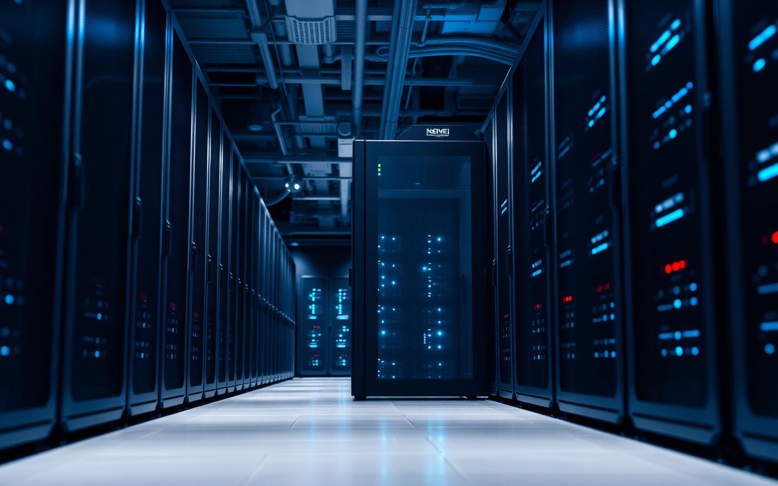 Aisle of server racks in a modern data centre
