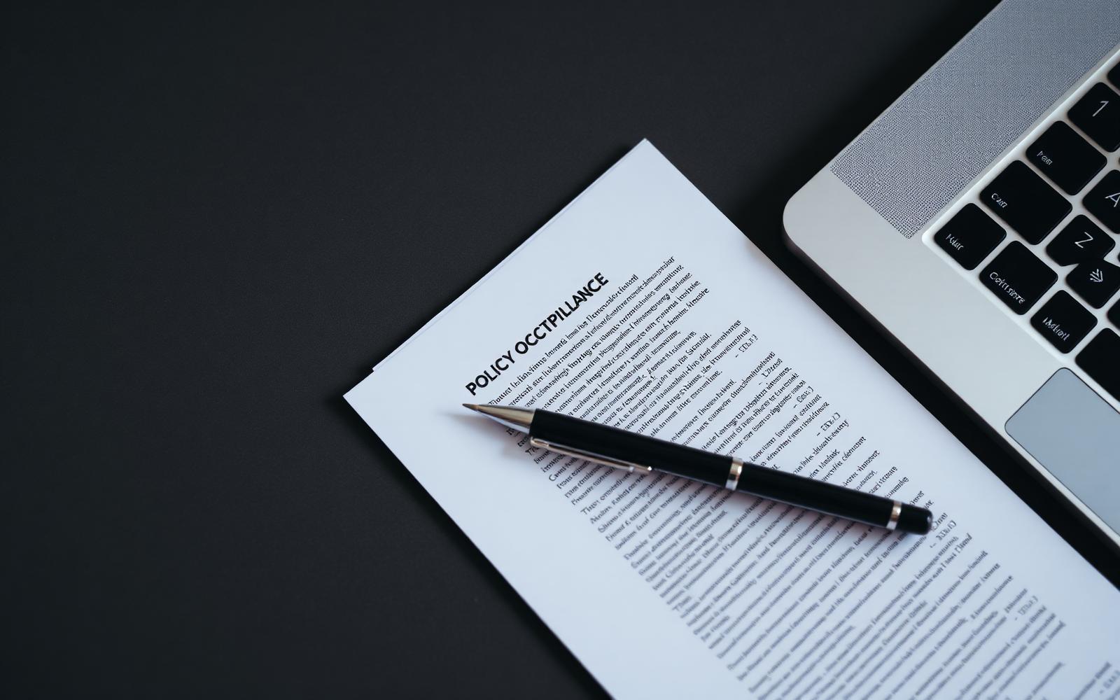 Printed policy document and pen beside a laptop
