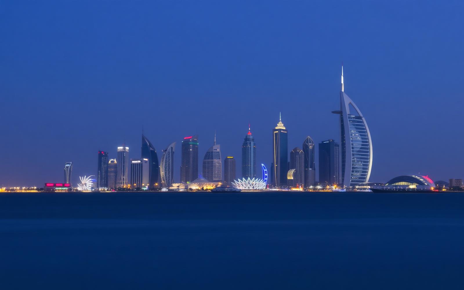 Skyline of the United Arab Emirates at blue hour