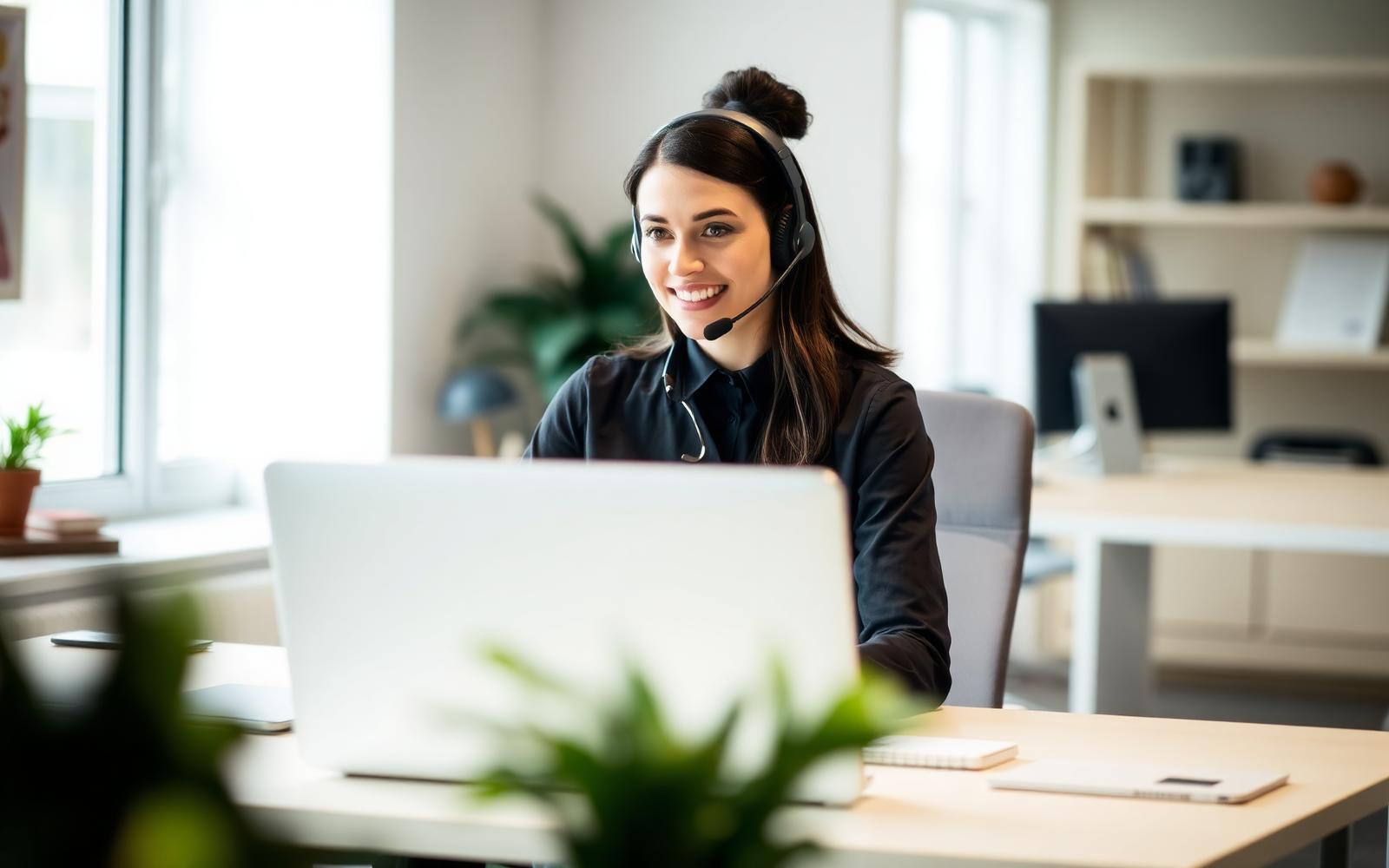 Support specialist working at a desk with a headset