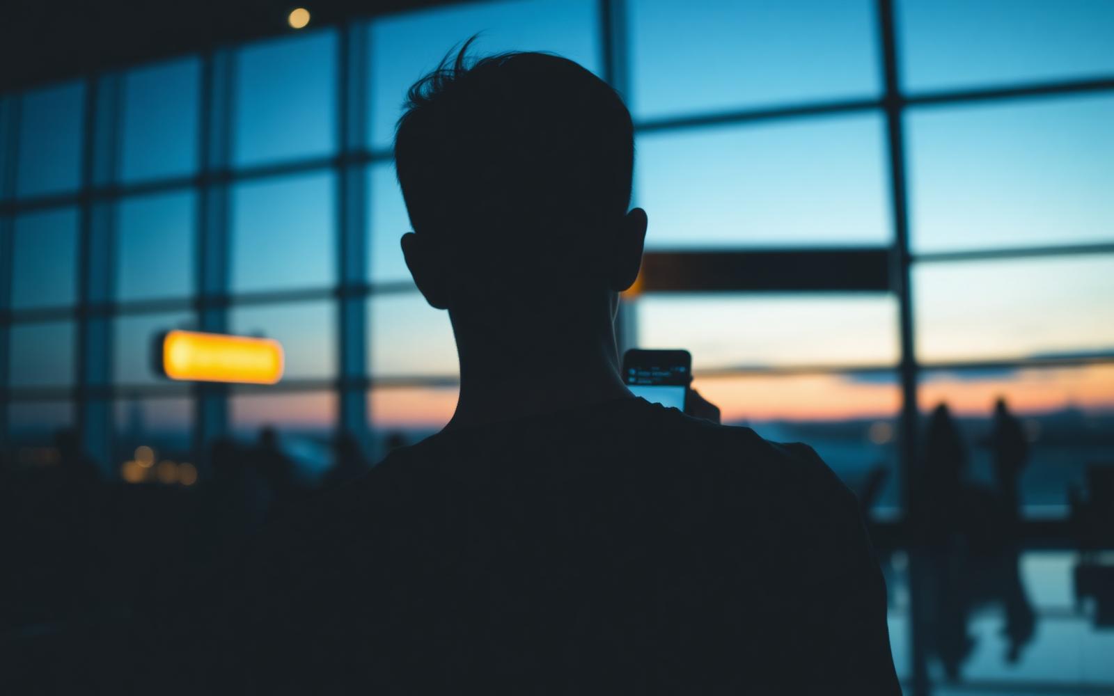 Traveller checking a phone in an airport lounge at dusk