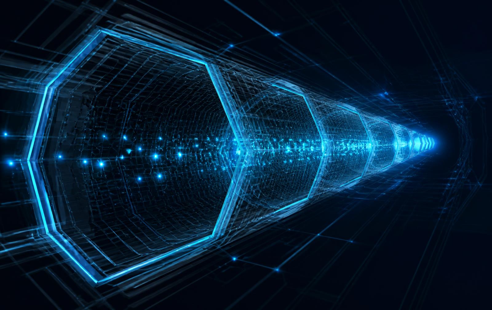 Abstract visualisation of an encrypted tunnel carrying data between endpoints